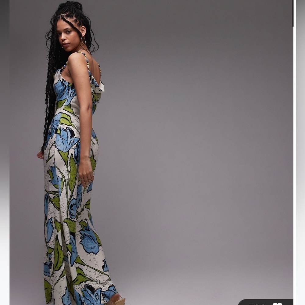 NWOT Topshop cowl neck midi slip dress with beaded straps in green blue floral - Picture 12 of 14